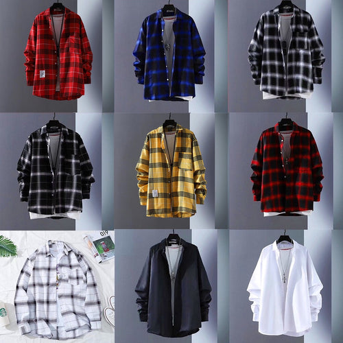 BEST PRODUCTSummer Simple Korean Style Long Sleeve Plaid  Men Fashion Top Baju Kemeja Lelaki Lengan