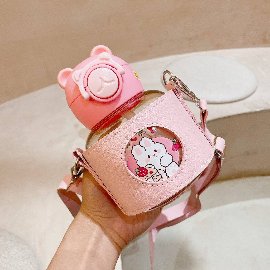 Kids Water Bottle 700ml with Straw Strap Cute Bear Pop Cap Drinking Bottle Air B