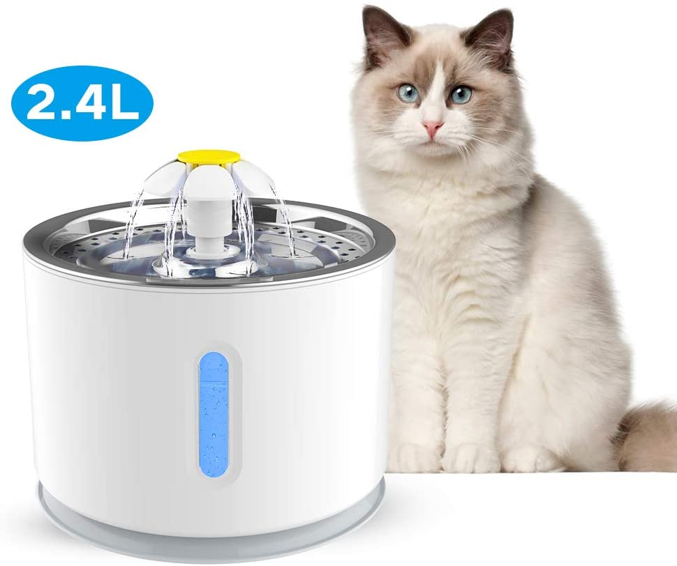 Pet Fountain, VINSIC Cat Water Fountain 80oz/2.4L Large Capacity - Cat Water Dispenser with Filter, Water Level Window, LED Light, Automatic Water Fountain for Cats & Dogs (White)