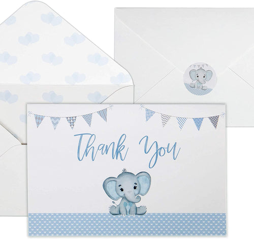 Baby Shower Thank You Cards for Boys. 50 Pack Blue Watercolor Elephant Boys Baby Shower Cards. Cute Thank You Notes with Envelopes & Stickers