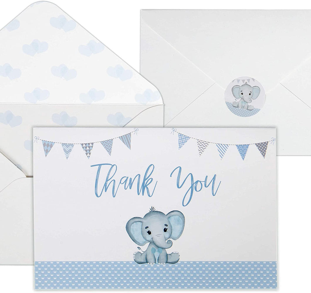 Baby Shower Thank You Cards for Boys. 50 Pack Blue Watercolor Elephant Boys Baby Shower Cards. Cute Thank You Notes with Envelopes & Stickers