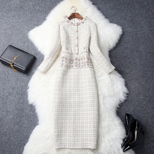 2017 Autumn/Winter Women's New Vintage Rough Flower Round Collar Luxury Diamond Trim Mid-Length Dress T8037