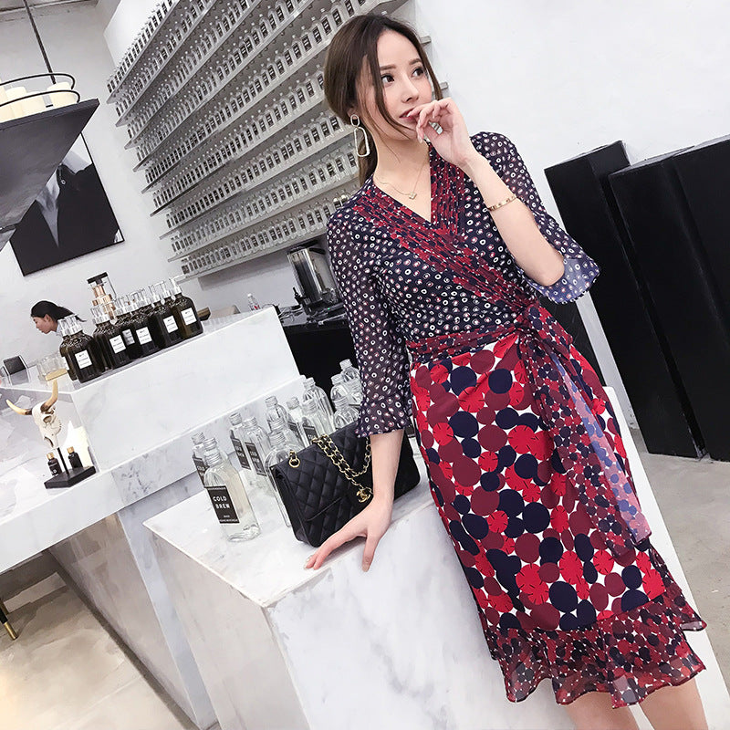 2019春夏季新款欧美风荷叶边连衣裙精品印花时尚雪纺连衣裙女