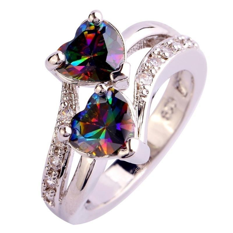 Fashion Lover Jewelry Heart Cut Rainbow & White Topaz Gemstone Silver Ring
