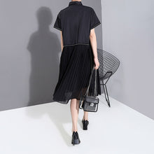 New Fashion Woman Summer Korean Style Black Pleated Shirt Dress Chiffon Patchwork Lapel Ladies Cute Casual Midi Dress Robe 6168