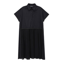 New Fashion Woman Summer Korean Style Black Pleated Shirt Dress Chiffon Patchwork Lapel Ladies Cute Casual Midi Dress Robe 6168 (6168 Black One Size)