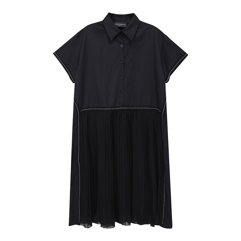 New Fashion Woman Summer Korean Style Black Pleated Shirt Dress Chiffon Patchwork Lapel Ladies Cute Casual Midi Dress Robe 6168 (6168 Black One Size)