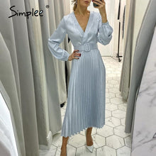 Simplee Elegant blue pleated women party dress A line floral printed female office dress Autumn winter long sleeve blazer dress