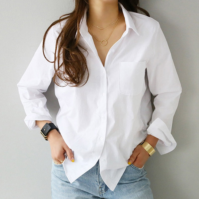 Spring Fashion Button Women Blouses Turn-down Collar Simple Blouse Women White Lady Long Sleeves Female Loose Street Shirts