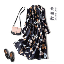 Women Dress Floral Print Plus Size Retro Silk Temperament Western Style Lapel Mulberry With Belt Mid Length Fashion Long Dress