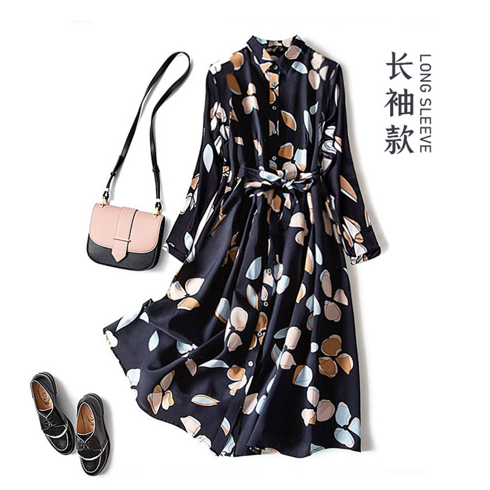 Women Dress Floral Print Plus Size Retro Silk Temperament Western Style Lapel Mulberry With Belt Mid Length Fashion Long Dress