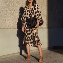 Loose Leopard Print Woman Midi Dress Three Quarter Lantern Sleeve V-neck Dresses Fashion Ladies Summer Antumn Female Clothes