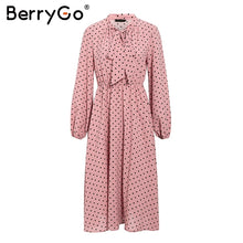 BerryGo Polka dot black elegant dress women Lantern sleeve tie neck long dresses spring A-line office ladies party dress vestido