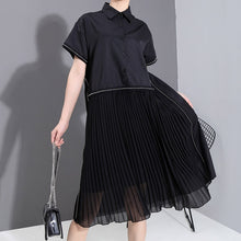 New Fashion Woman Summer Korean Style Black Pleated Shirt Dress Chiffon Patchwork Lapel Ladies Cute Casual Midi Dress Robe 6168
