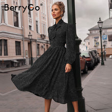 BerryGo Polka dot black elegant dress women Lantern sleeve tie neck long dresses spring A-line office ladies party dress vestido