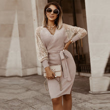 Fashion Autumn Winter Lace Patchwork Knitted Dress Women Casual V Neck Full Sleeve Bandage
