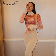 Simenual Tie Dye Patchwork Turtleneck Maxi Dress Long Sleeve Fall 2020 Women Clothing Partywear Club Fashion Bodycon Dresses Hot