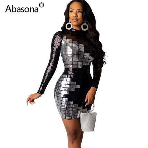Abasona Sequined Bodycon Party Dresses Sexy Night Club Summer Women 2021 Full Sleeve Tight Mini Dress Sheath Sheer Mesh Black