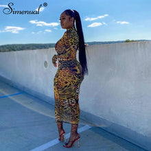 Simenual Mesh Leopard Print Hot Bodycon Maxi Dress Long Sleeve Women Clubwear Party Skinny Fashion Dresses Autumn 2020 Sexy Slim