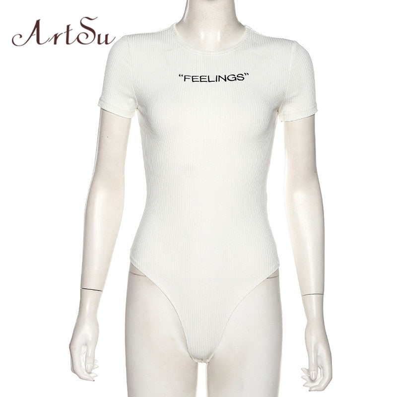 ArtSu White Embroidery Letter Knit Short Sleeve Bodysuits Women Clothes Summer 2020 Sexy Body Suit Tops Ropa Mujer ASJU20697