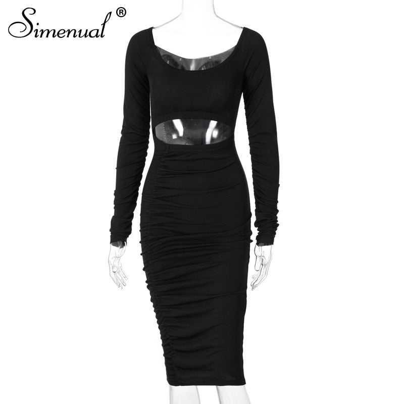 Simenual Geraffte Cut Out Rippen Gestapelt Bodycon Kleider Langarm Sexy Clubwear Herbst 2020 Frauen Kleidung Party Midi Kleid Schlank