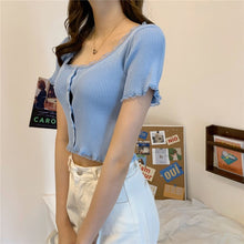 Women Patched Lace O-Neck Knitted Short Sleeve Thin Sweaters Cardigans Lady Single-breasted Buttons Sweater Crop Tops Female
