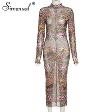 Simenual Mesh Leopard Print Hot Bodycon Maxi Dress Long Sleeve Women Clubwear Party Skinny Fashion Dresses Autumn 2020 Sexy Slim