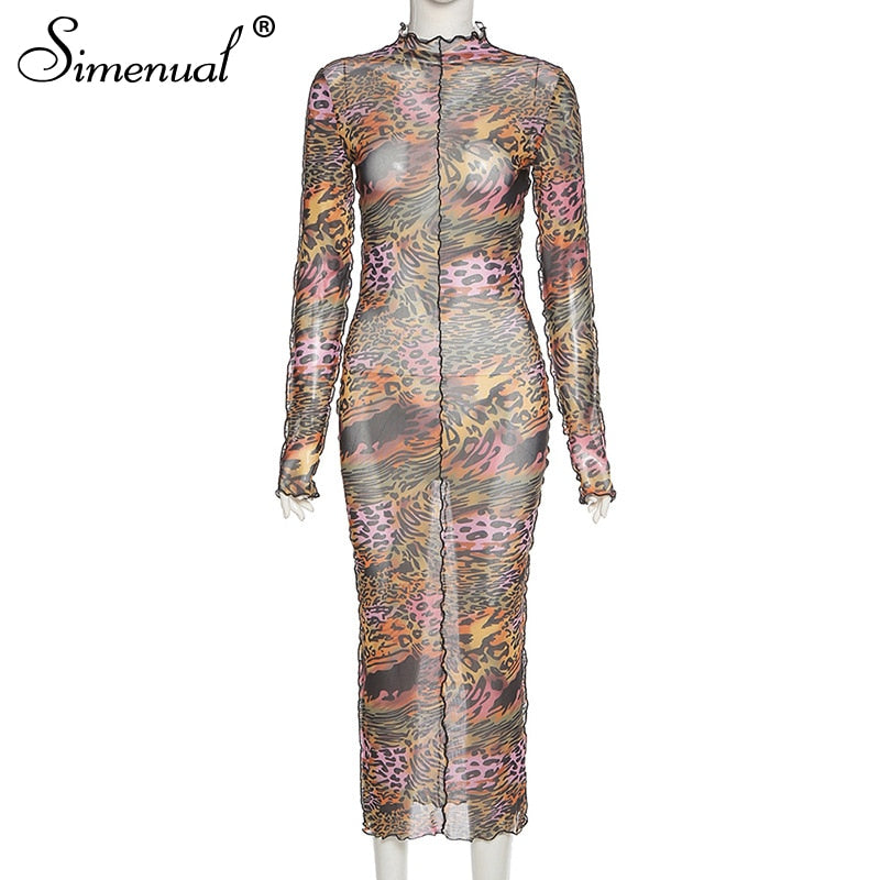 Simenual Mesh Leopard Print Hot Bodycon Maxi Dress Long Sleeve Women Clubwear Party Skinny Fashion Dresses Autumn 2020 Sexy Slim