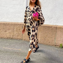 Loose Leopard Print Woman Midi Dress Three Quarter Lantern Sleeve V-neck Dresses Fashion Ladies Summer Antumn Female Clothes