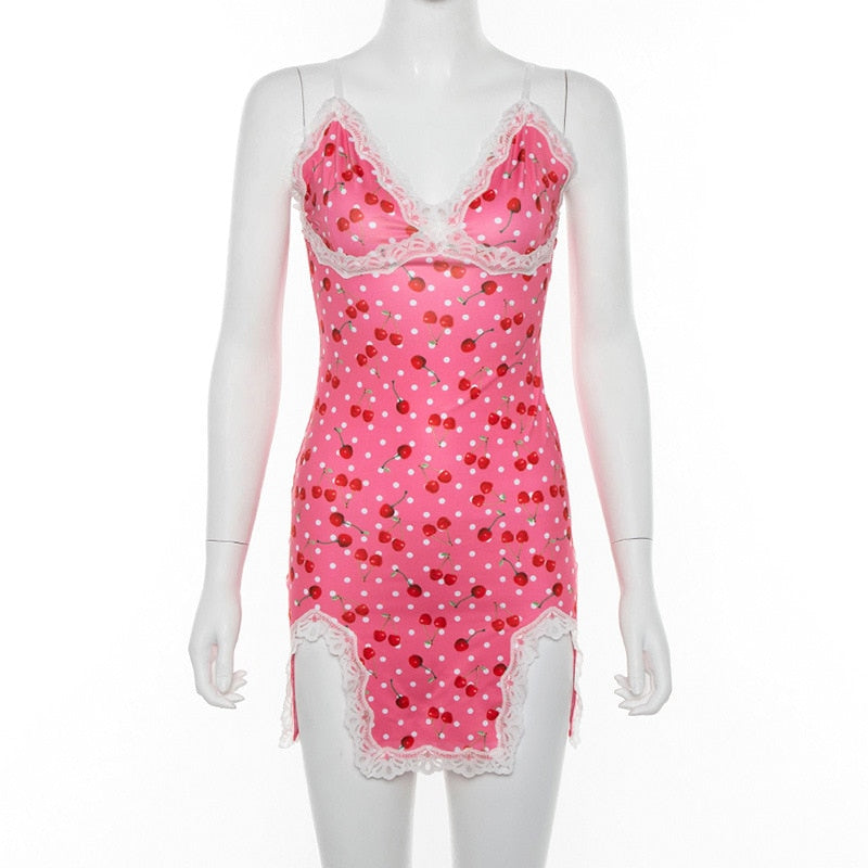 Sweet Floral Dresses Straped Backless Lace Hem Bodycon Mini Dresses Fashion Spring 2020 Hot Pink Dress E-girl Kawaii Dresses