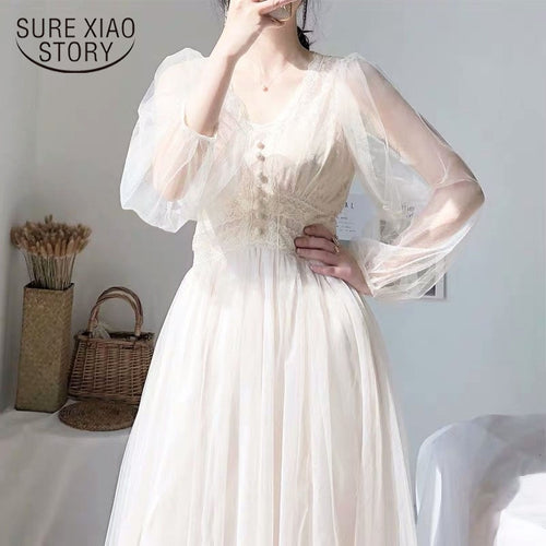 2020 Women Spring Dress Vintage Elegant with Button A-Line Dress Solid Puff Sleeve Lace Voile Mesh Dress Women Vestidos 8126