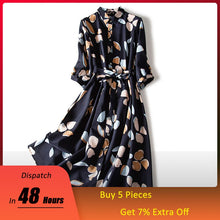 Women Dress Floral Print Plus Size Retro Silk Temperament Western Style Lapel Mulberry With Belt Mid Length Fashion Long Dress