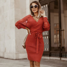Fashion Autumn Winter Lace Patchwork Knitted Dress Women Casual V Neck Full Sleeve Bandage