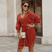 Fashion Autumn Winter Lace Patchwork Knitted Dress Women Casual V Neck Full Sleeve Bandage