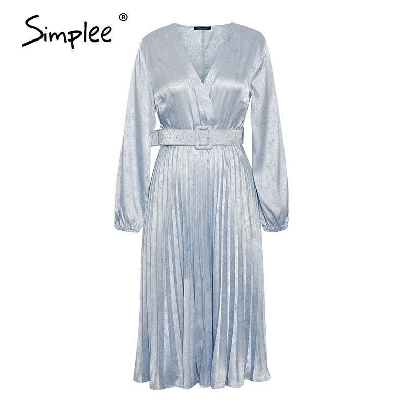 Simplee Elegant blue pleated women party dress A line floral printed female office dress Autumn winter long sleeve blazer dress