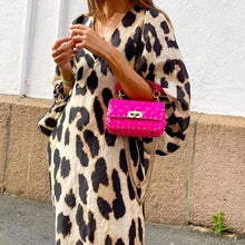Loose Leopard Print Woman Midi Dress Three Quarter Lantern Sleeve V-neck Dresses Fashion Ladies Summer Antumn Female Clothes