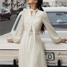 BerryGo Polka dot black elegant dress women Lantern sleeve tie neck long dresses spring A-line office ladies party dress vestido