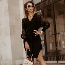 Fashion Autumn Winter Lace Patchwork Knitted Dress Women Casual V Neck Full Sleeve Bandage