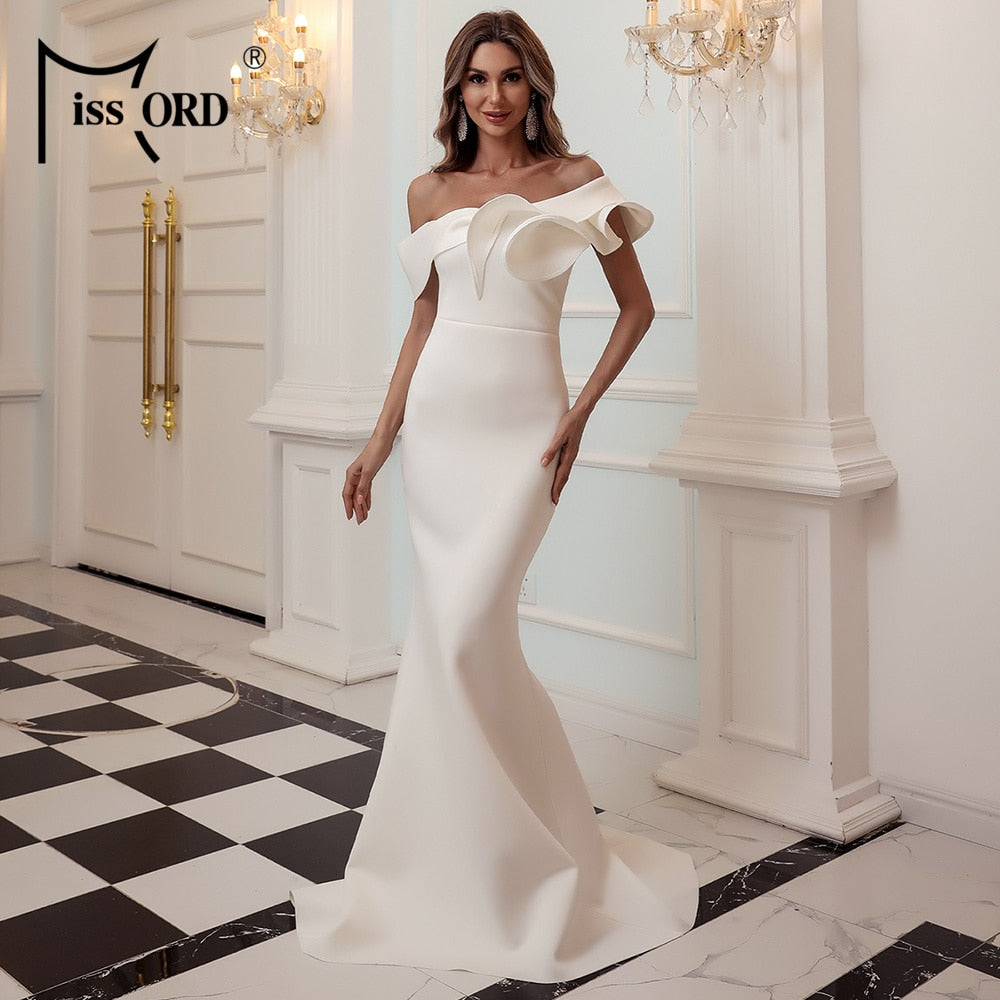 Missord Women Sexy One Shoulder Ruffles Evening Party Dress Solid Color Celebrity Maxi Dress Slash Neck Women Dress FT19938-1