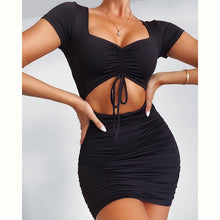 NewAsia Hollow Out Sexy Dress Women V-neck Drawstring Pleat Summer Dresses Pink Short Sleeve Bodycon Ruched Dress Black 2020 New