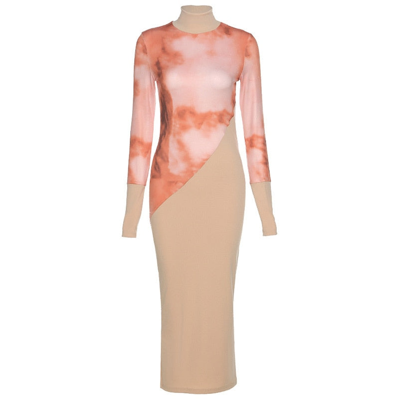 Simenual Tie Dye Patchwork Turtleneck Maxi Dress Long Sleeve Fall 2020 Women Clothing Partywear Club Fashion Bodycon Dresses Hot