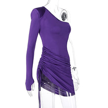 NewAsia Autumn Purple Dress Women Fashion Single Shoulder Long Sleeve Side Drawstring High Waist Bodycon Dresses Lady Streetwear