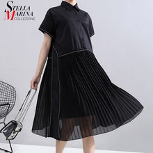 New Fashion Woman Summer Korean Style Black Pleated Shirt Dress Chiffon Patchwork Lapel Ladies Cute Casual Midi Dress Robe 6168
