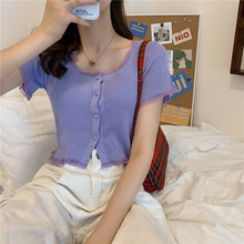 Women Patched Lace O-Neck Knitted Short Sleeve Thin Sweaters Cardigans Lady Single-breasted Buttons Sweater Crop Tops Female