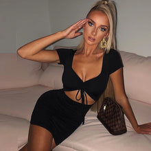NewAsia Hollow Out Sexy Dress Women V-neck Drawstring Pleat Summer Dresses Pink Short Sleeve Bodycon Ruched Dress Black 2020 New