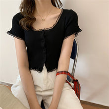 Women Patched Lace O-Neck Knitted Short Sleeve Thin Sweaters Cardigans Lady Single-breasted Buttons Sweater Crop Tops Female