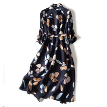 Women Dress Floral Print Plus Size Retro Silk Temperament Western Style Lapel Mulberry With Belt Mid Length Fashion Long Dress