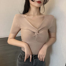 Real Photos Girls Twisted V-neck Knitted Short Sleeve Sweater Shirts Woman Stretchable Solid Chic Sweaters Crop Tops
