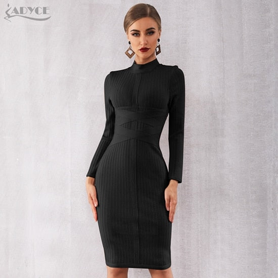 Adyce 2020 New Autumn Bodycon Bandage Dress Women Sexy Nude Black Long Sleeve Midi Club Celebrity Evening Runway Party Dresses