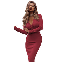 2020 New Fashion Women Package Hip Solid Dress Deep V-Neck Sexy Long Sleeve Fold Office Lady Dresses for Female